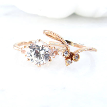 White Sapphire Engagement Ring Set Milgrain Fleur de Lis Contoured V Wedding Band Round 2ct Custom Rose Gold-Ready to Ship