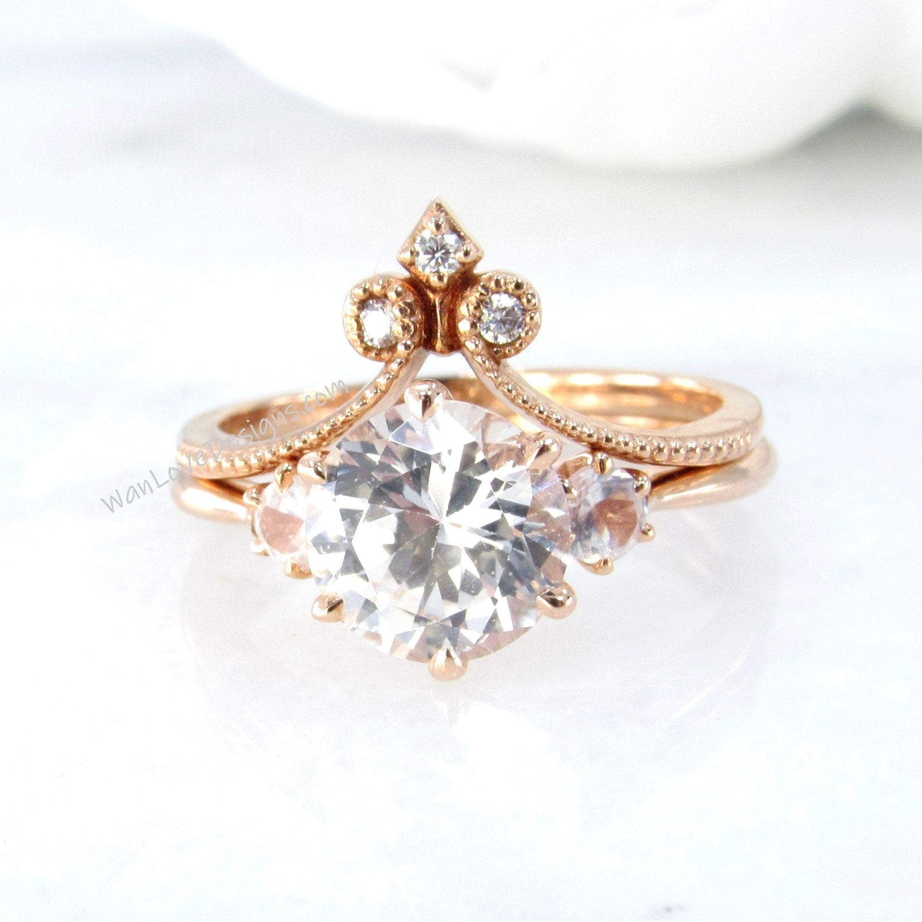 White Sapphire Engagement Ring Set Milgrain Fleur de Lis Contoured V Wedding Band Round 2ct Custom Rose Gold-Ready to Ship