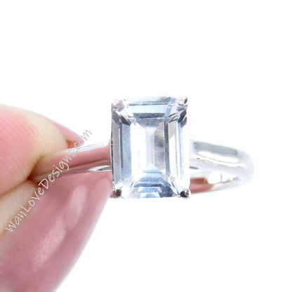 2ct Emerald Cut White Sapphire Solitaire Ring Cathedral 4 prong White Sapphire Engagement Ring Bridal Promise Ring, Ready to ship Ring