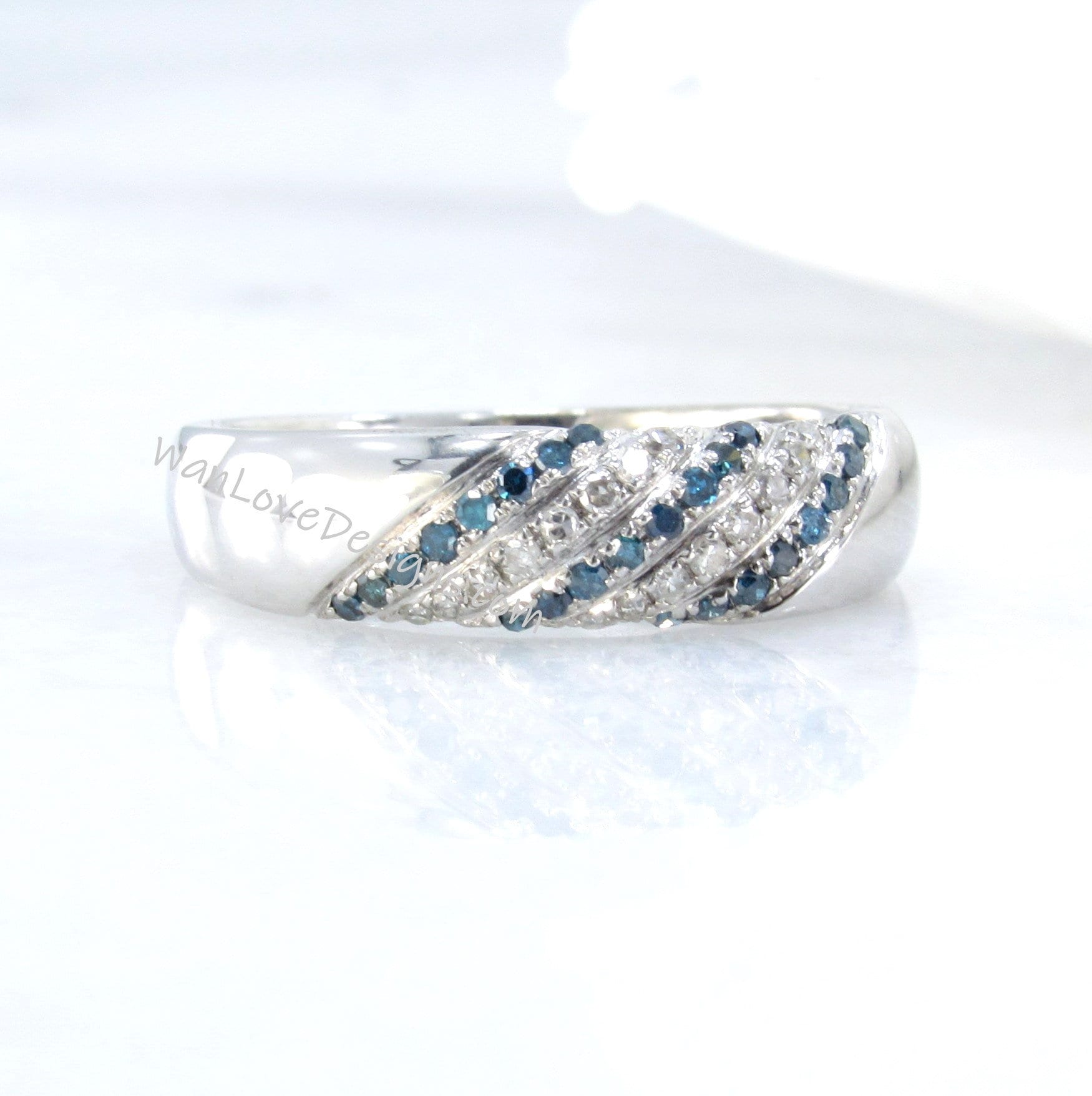 Diagonal Blue White Diamond Band | Round Pave Diamond Band | Wedding Band | Engagement Ring | Cross Anniversary Gift | Ready to Ship Band