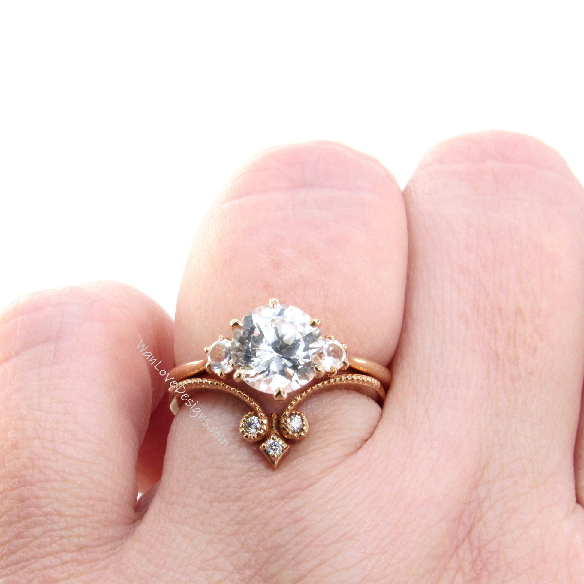 White Sapphire Engagement Ring Set Milgrain Fleur de Lis Contoured V Wedding Band Round 2ct Custom Rose Gold-Ready to Ship