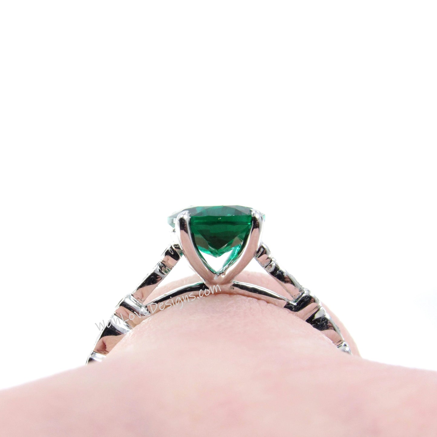 3ct Vintage Oval Emerald Diamonds Scalloped Art Deco Solitaire Engagement Ring, 18k White Gold Ring, Ready to Ship Ring