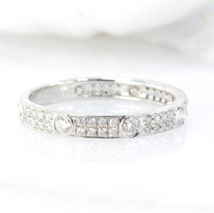 Moissanite Wedding Band vintage Solid White gold Almost Eternity Matching band unique 2 row bezel Bridal Stacking Promise Anniversary ring