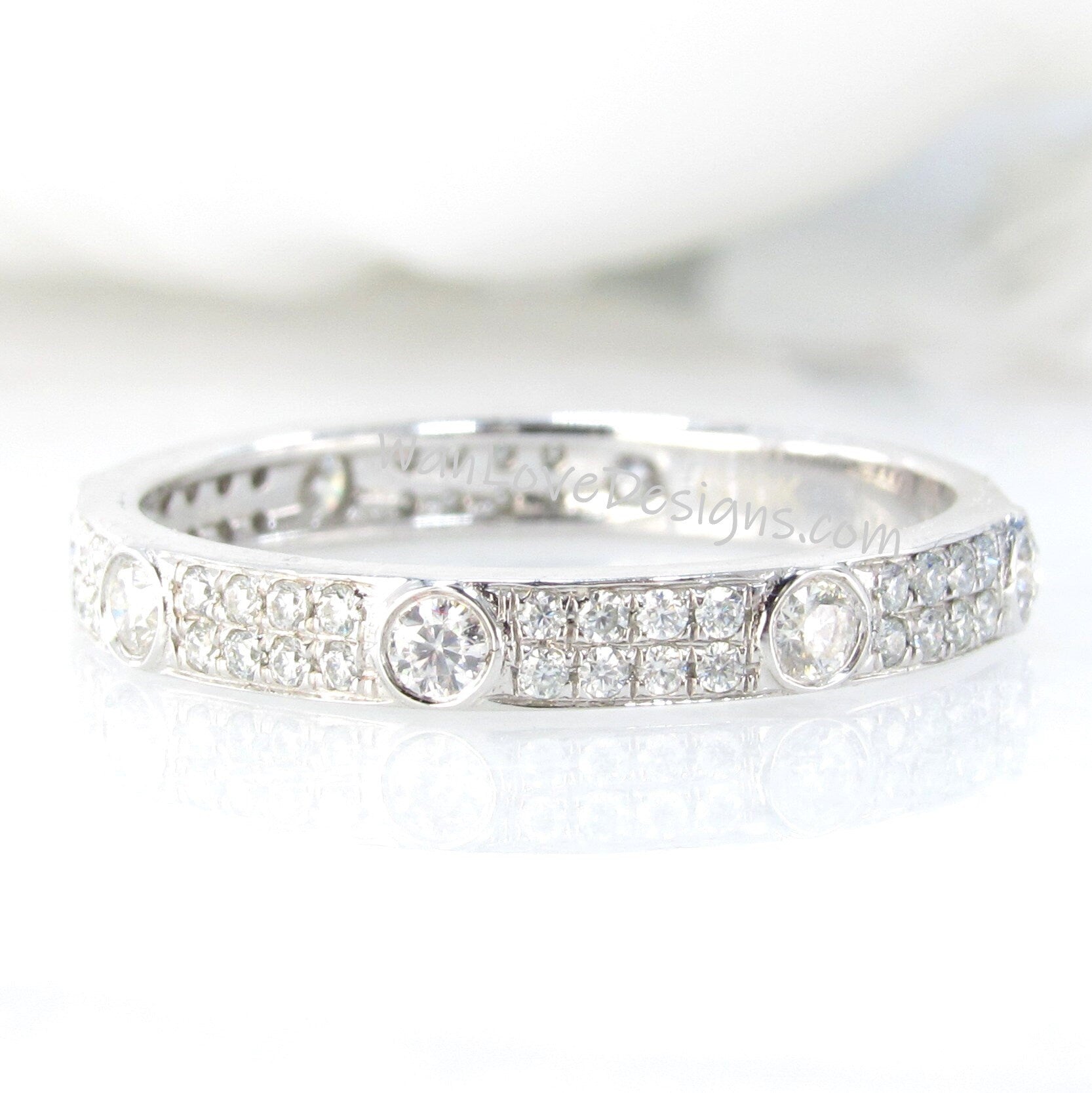 Moissanite Wedding Band vintage Solid White gold Almost Eternity Matching band unique 2 row bezel Bridal Stacking Promise Anniversary ring