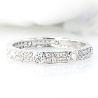 Moissanite Wedding Band vintage Solid White gold Almost Eternity Matching band unique 2 row bezel Bridal Stacking Promise Anniversary ring