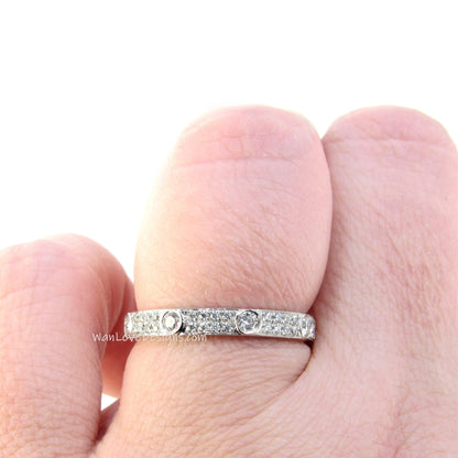 Moissanite Wedding Band vintage Solid White gold Almost Eternity Matching band unique 2 row bezel Bridal Stacking Promise Anniversary ring