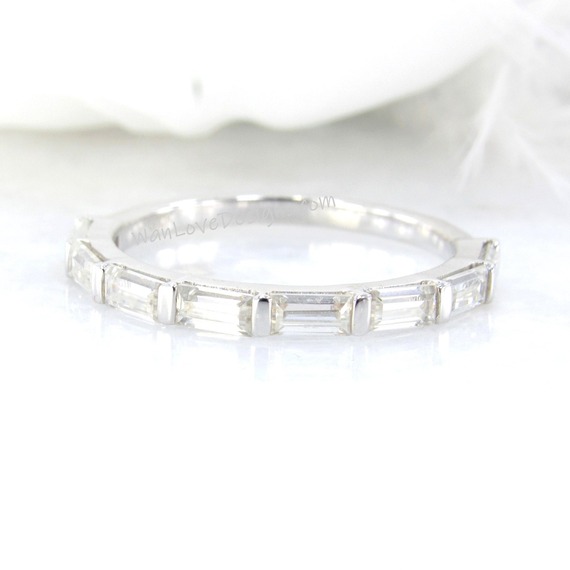 Baguette East West Moissanite band art deco Channel Half Eternity White Gold Wedding Band vintage bridal baguette band ring Ready to Ship