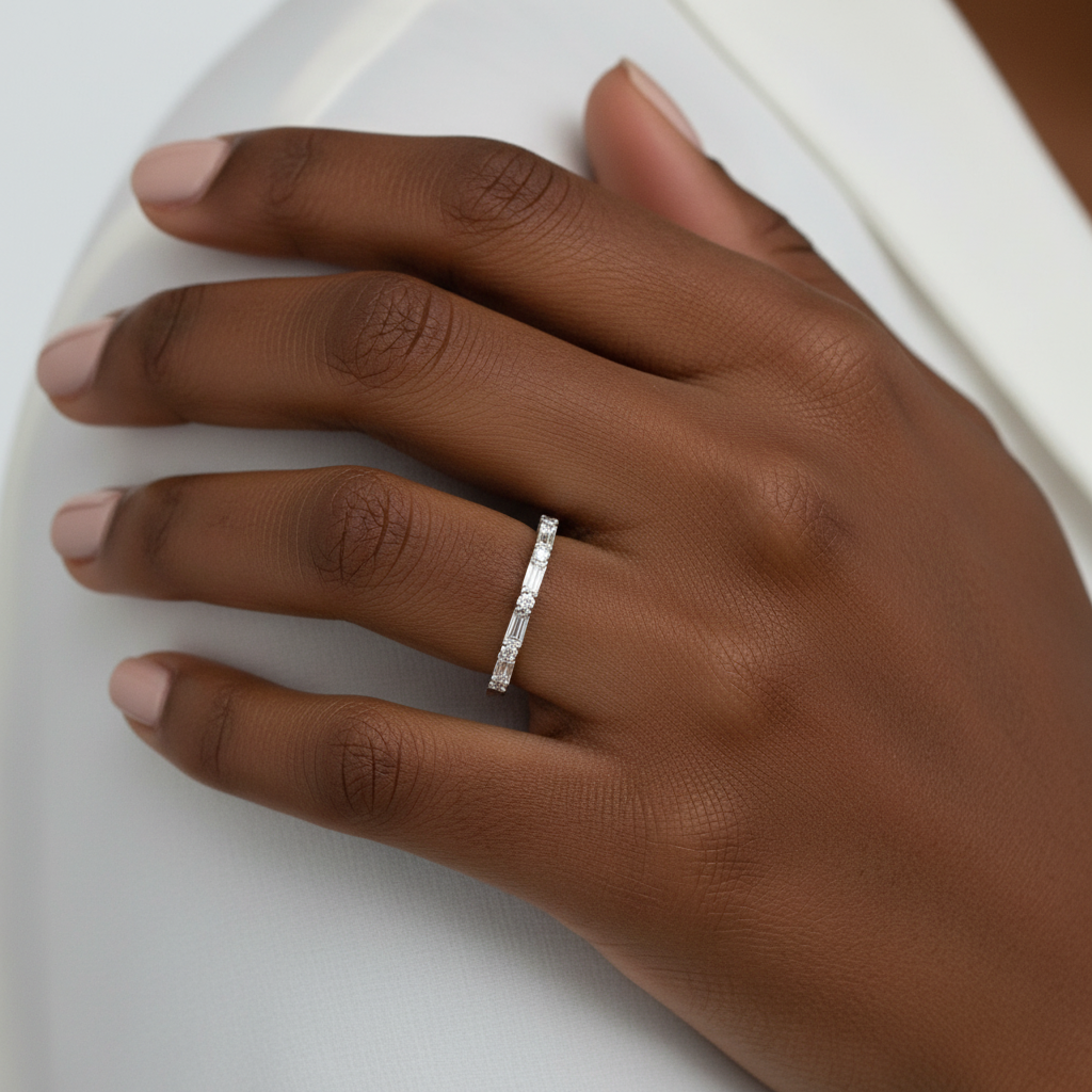 White Sapphire Wedding Band art deco Curved u shaped band contoured half eternity ring White Gold wedding anniversary bridal band Gift-Ready