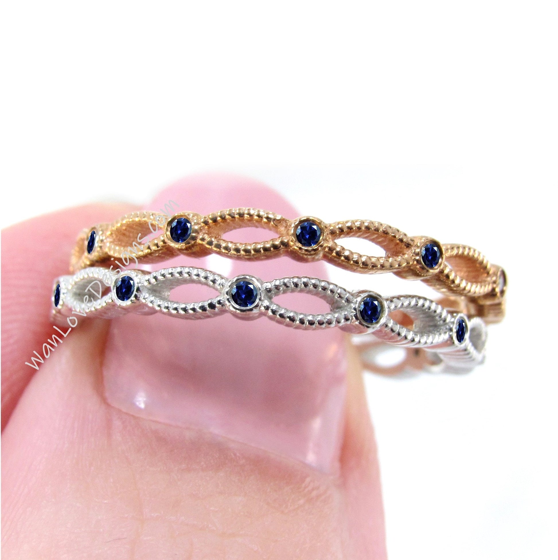 Blue Sapphire Rope Twist Stack Rings/ Thin Diamond Textured Bands/ 18K Rose Gold Bridal Rings/ Twisted Women Rings/ Minimalist Ring For Her