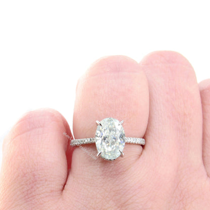 3ct Moissanite Crushed Ice Oval Engagement Ring, Elongated Oval Hidden Halo Solitaire Wedding Ring, White Gold Moissanite Ring,Ready to Ship