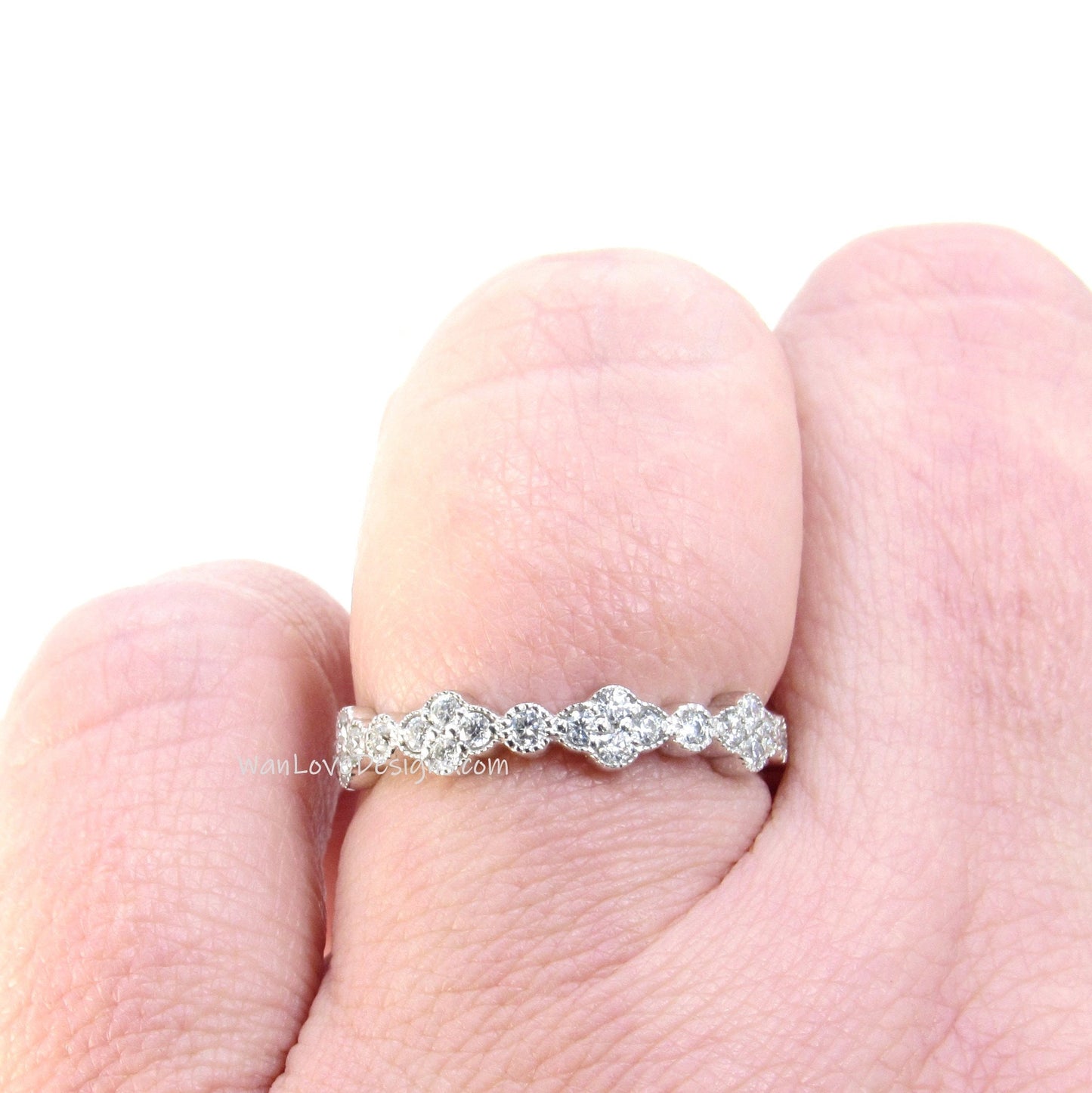 Moissanite clover wedding band rose or white gold ring moissanite bezel set ring stacking matching band Unique Bridal Anniversary ring-Ready