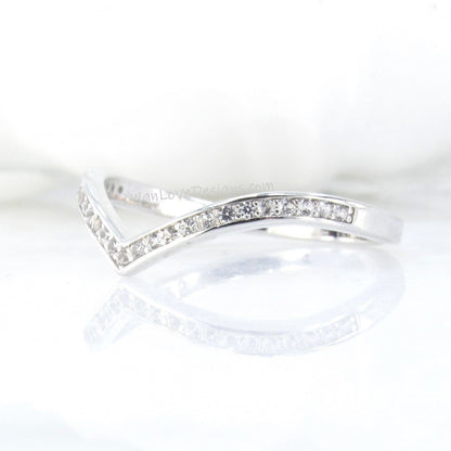 Ready to ship chevron ring, Half eternity white sapphire wedding band, V shaped channel set ring