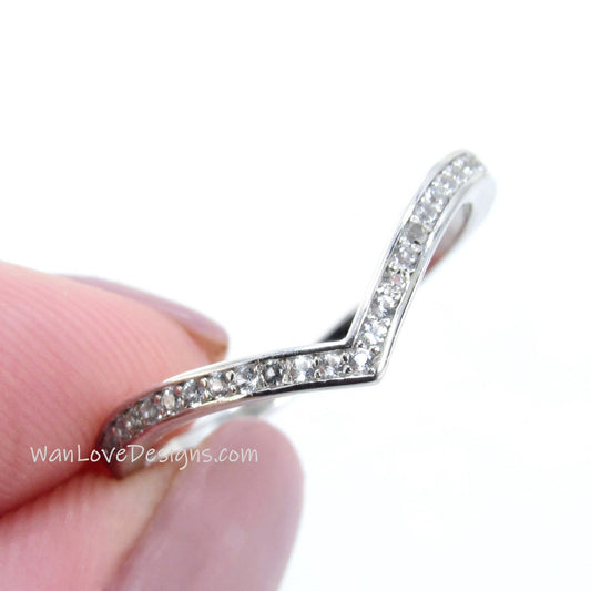 Ready to ship chevron ring, Half eternity white sapphire wedding band, V shaped channel set ring