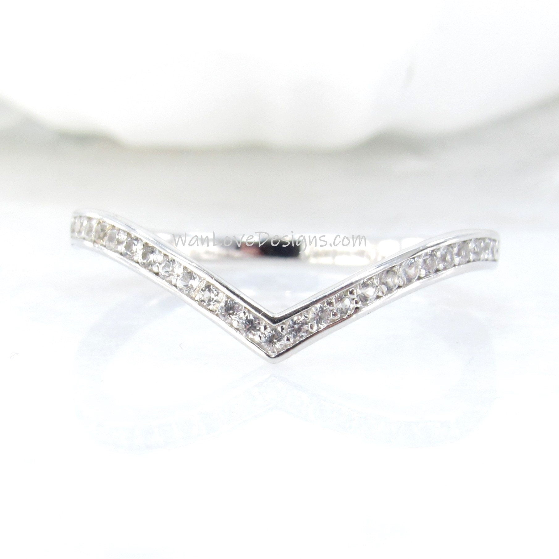 Ready to ship chevron ring, Half eternity white sapphire wedding band, V shaped channel set ring