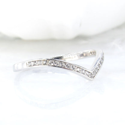 Ready to ship chevron ring, Half eternity white sapphire wedding band, V shaped channel set ring