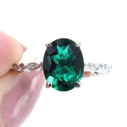 3ct Vintage Oval Emerald Diamonds Scalloped Art Deco Solitaire Engagement Ring, 18k White Gold Ring, Ready to Ship Ring