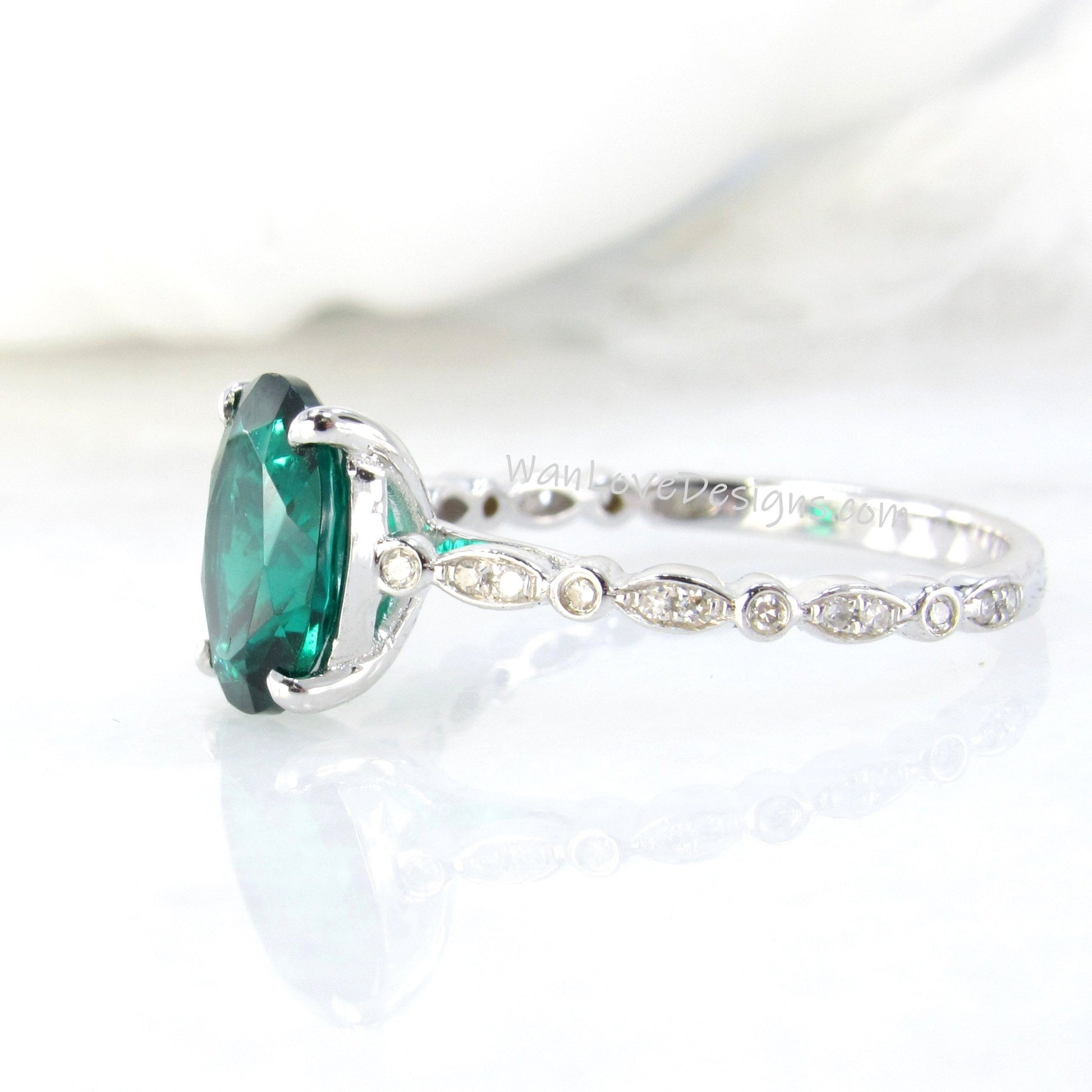 3ct Vintage Oval Emerald Diamonds Scalloped Art Deco Solitaire Engagement Ring, 18k White Gold Ring, Ready to Ship Ring