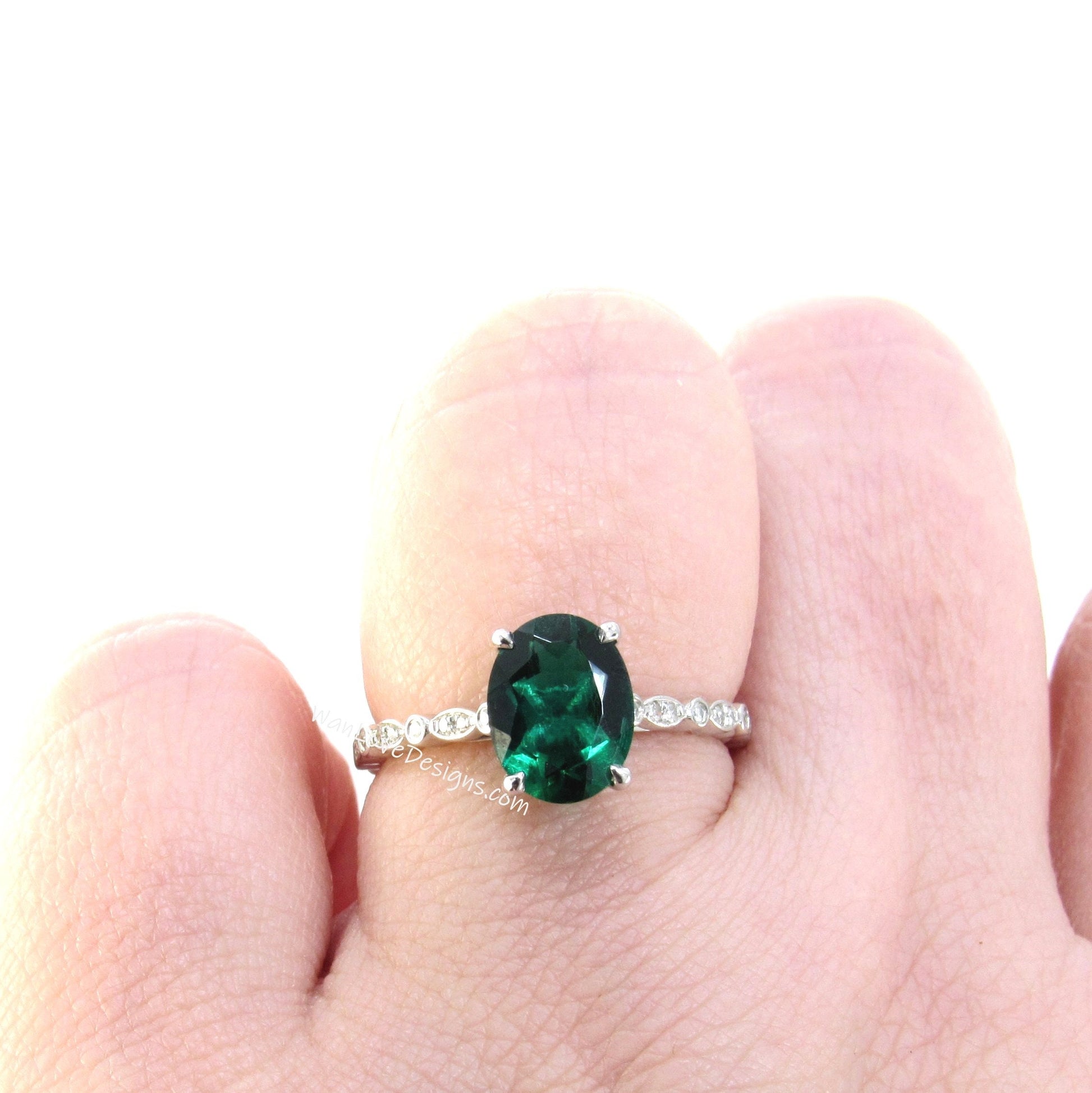 3ct Vintage Oval Emerald Diamonds Scalloped Art Deco Solitaire Engagement Ring, 18k White Gold Ring, Ready to Ship Ring