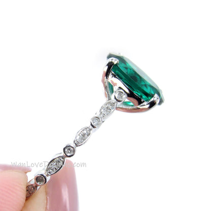 3ct Vintage Oval Emerald Diamonds Scalloped Art Deco Solitaire Engagement Ring, 18k White Gold Ring, Ready to Ship Ring