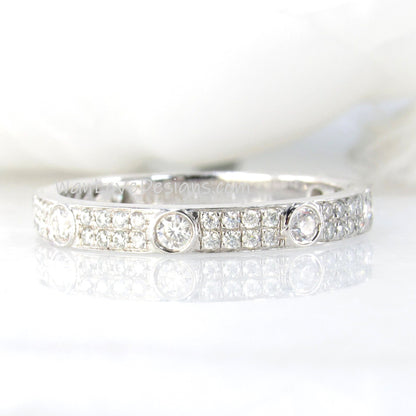 Moissanite Wedding Band vintage Solid White gold Almost Eternity Matching band unique 2 row bezel Bridal Stacking Promise Anniversary ring