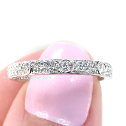 Moissanite Wedding Band vintage Solid White gold Almost Eternity Matching band unique 2 row bezel Bridal Stacking Promise Anniversary ring