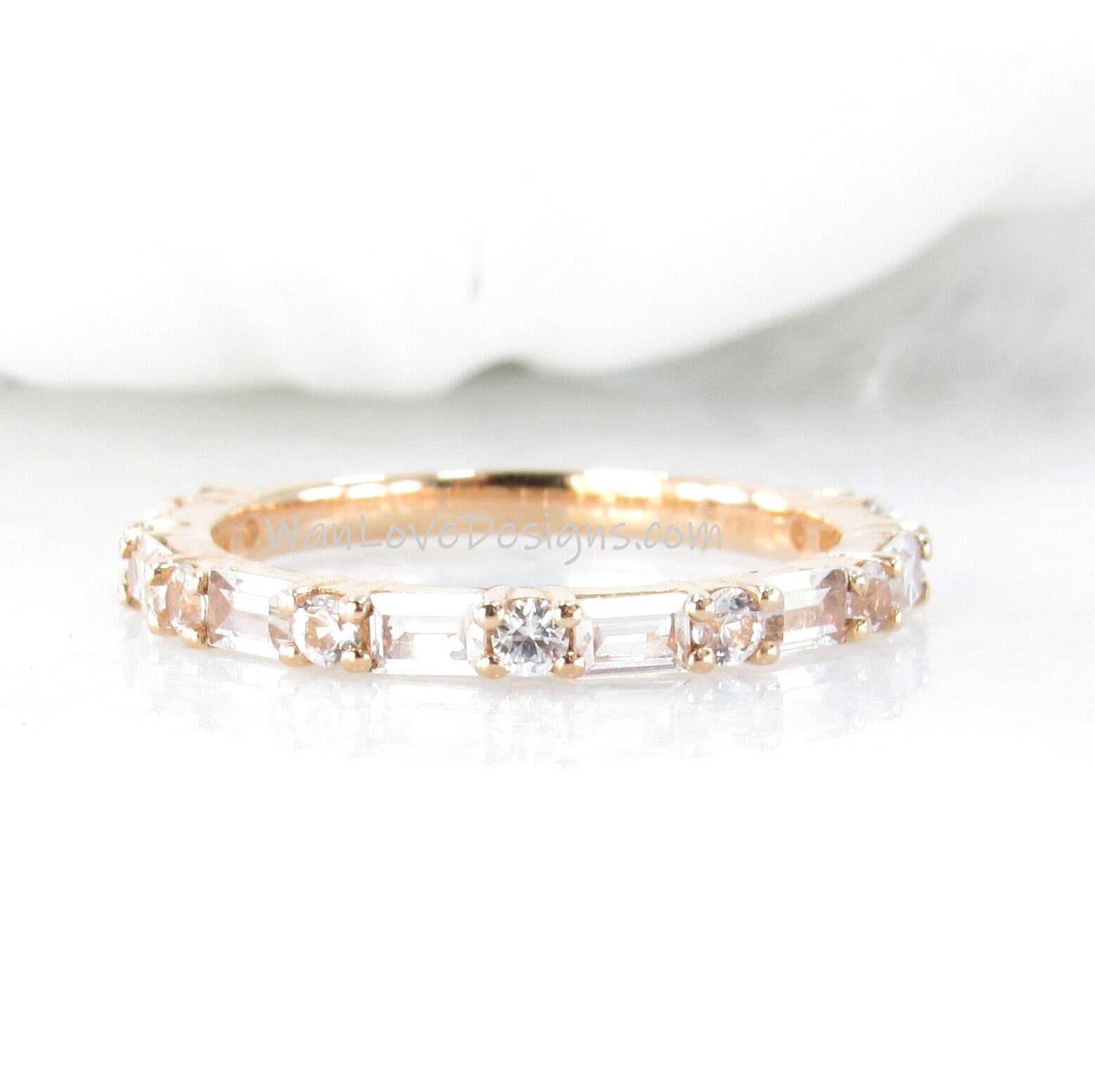 Baguette Round Almost Eternity Ring • Diamond 3/4 Eternity Ring • Dash Dot Engagement Ring in Rose Gold • Moissanite Matching Wedding Band