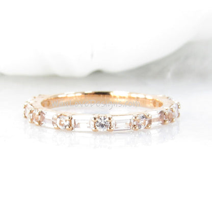 Baguette Round Almost Eternity Ring • Diamond 3/4 Eternity Ring • Dash Dot Engagement Ring in Rose Gold • Moissanite Matching Wedding Band