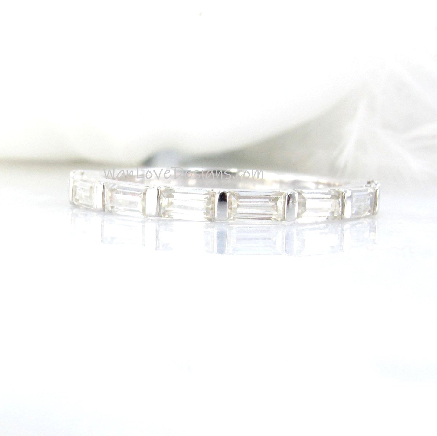 Baguette East West Moissanite band art deco Channel Half Eternity White Gold Wedding Band vintage bridal baguette band ring Ready to Ship