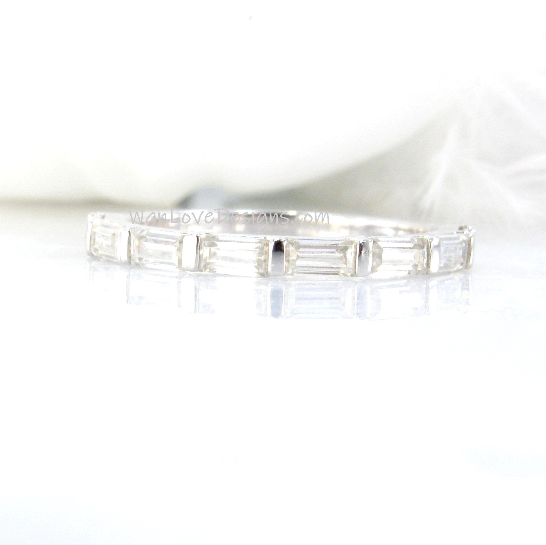 Baguette East West Moissanite band art deco Channel Half Eternity White Gold Wedding Band vintage bridal baguette band ring Ready to Ship