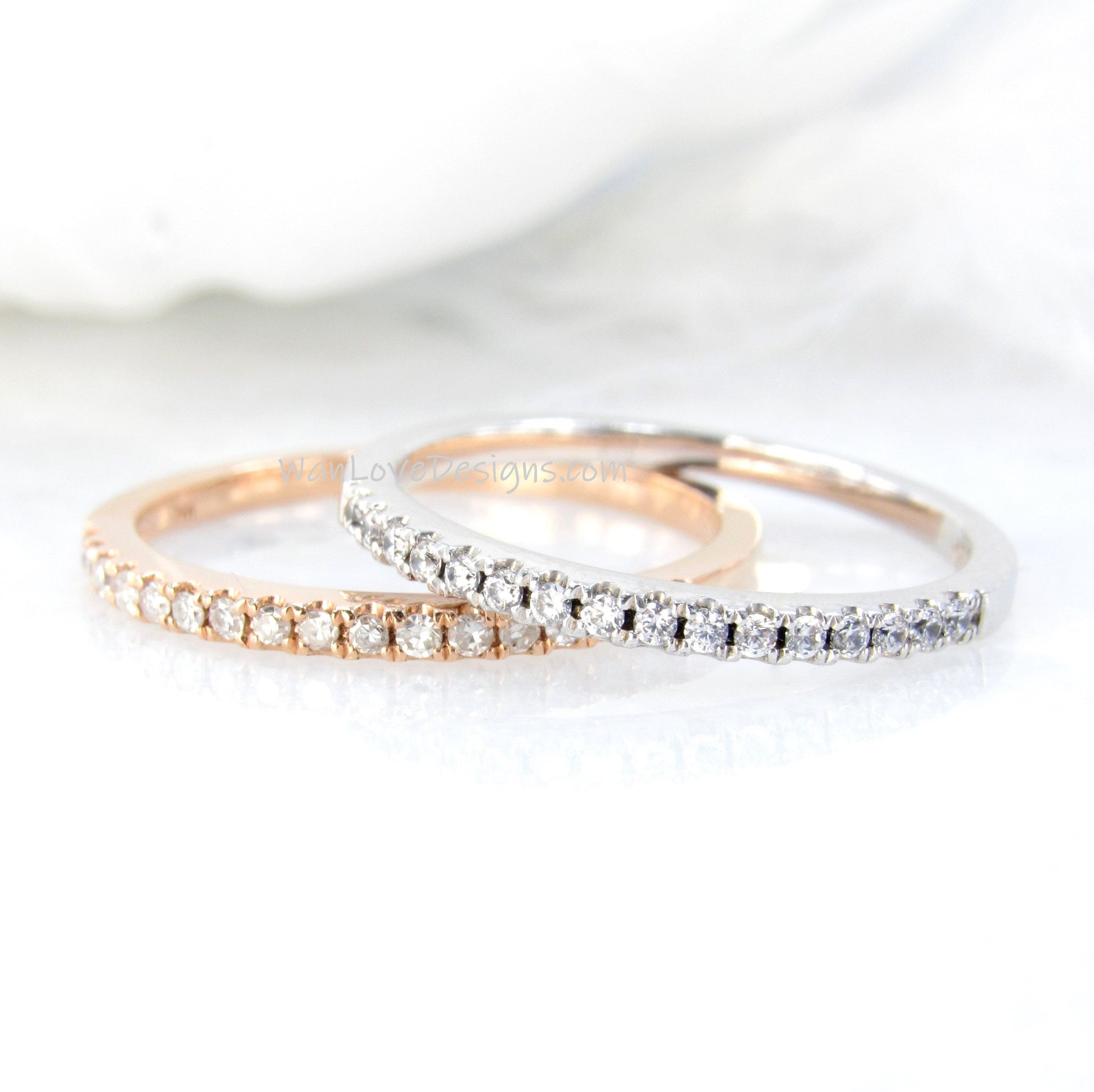 Ready to Ship 14kt Rose Gold Matching Band Diamond Dainty Pave Halfway Eternity Band Ring