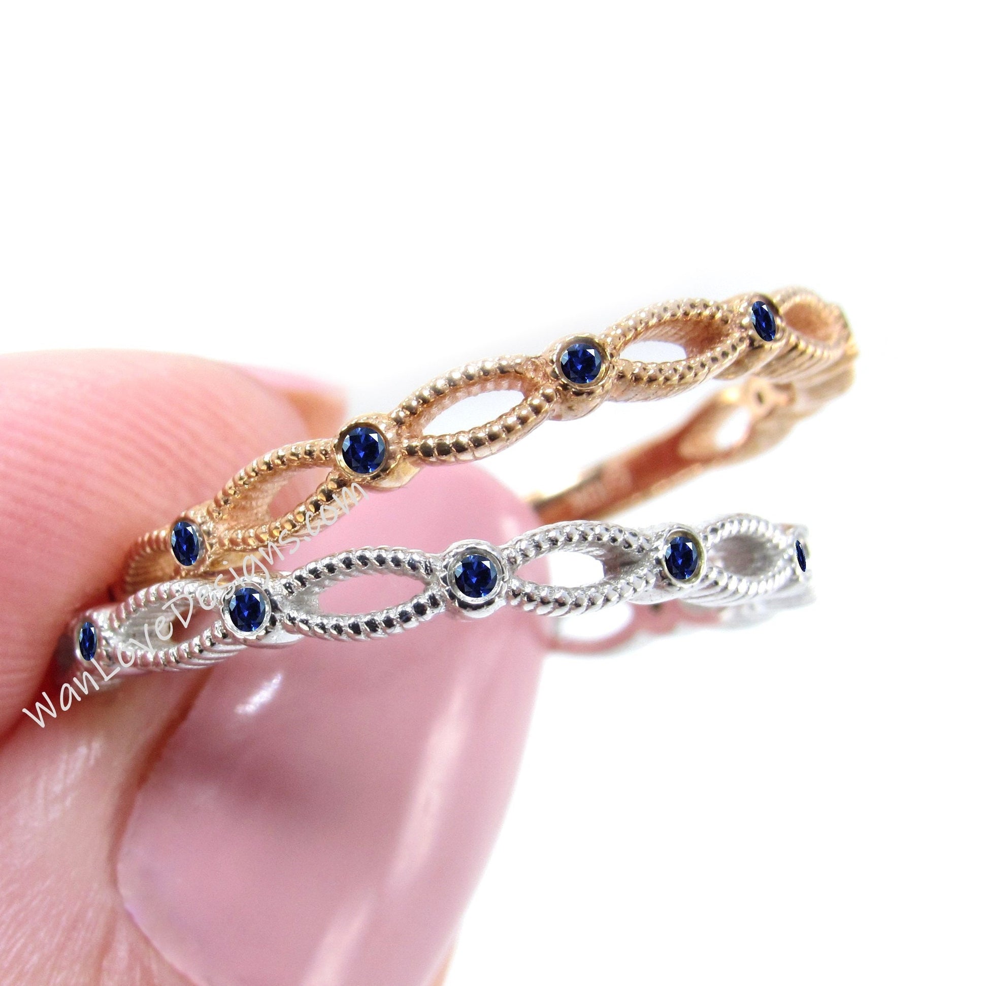 Blue Sapphire Rope Twist Stack Rings/ Thin Diamond Textured Bands/ 18K Rose Gold Bridal Rings/ Twisted Women Rings/ Minimalist Ring For Her