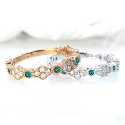 Emerald Diamond Round Clover Wedding Ring, Quatrefoil Band 14K Rose Gold, Moissanite Wedding Jewelry, Bridal Band, Matching Band,Unique Ring