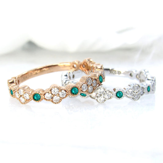 Emerald Diamond Round Clover Wedding Ring, Quatrefoil Band 14K Rose Gold, Moissanite Wedding Jewelry, Bridal Band, Matching Band,Unique Ring