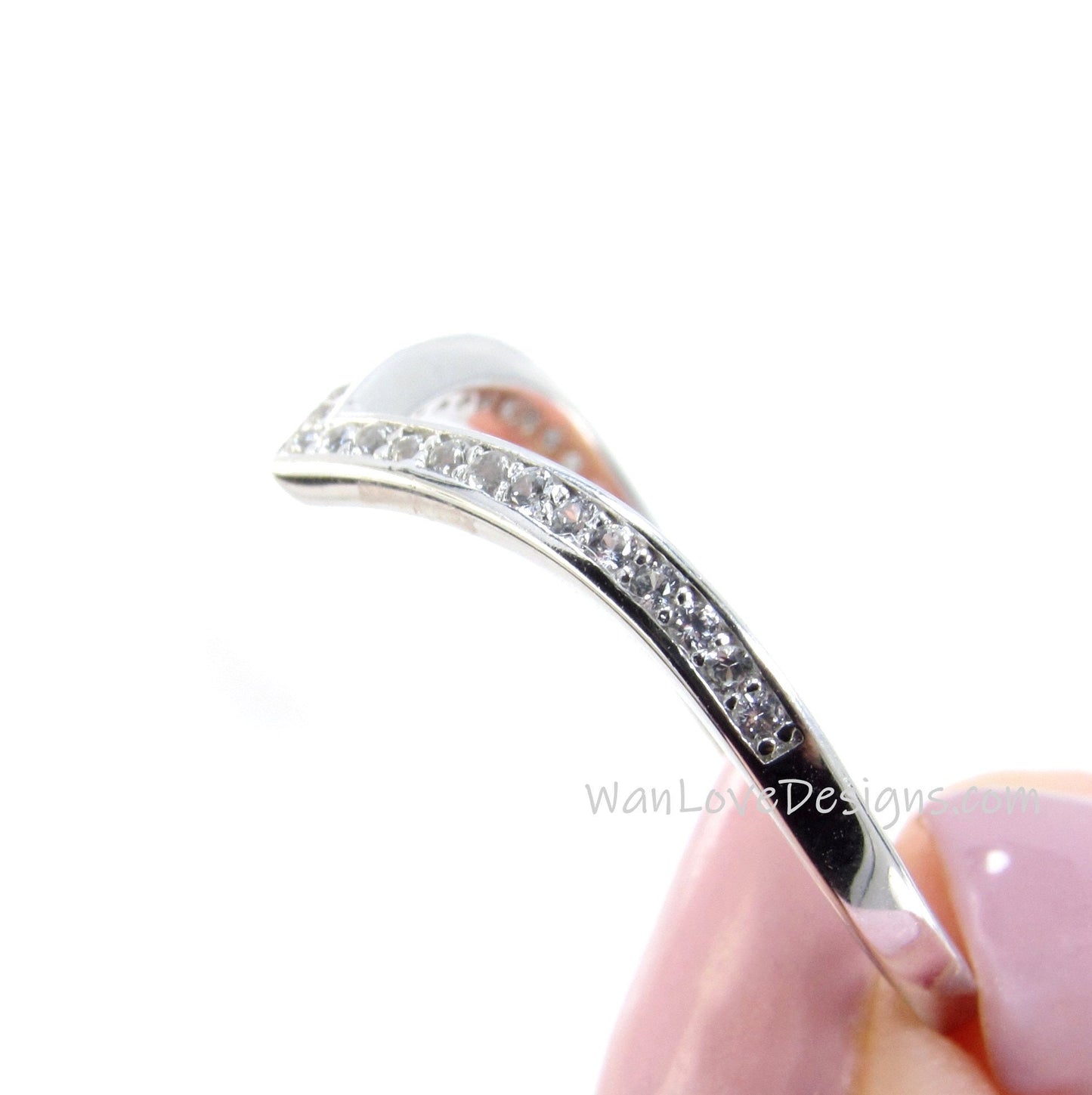 Ready to ship chevron ring, Half eternity white sapphire wedding band, V shaped channel set ring