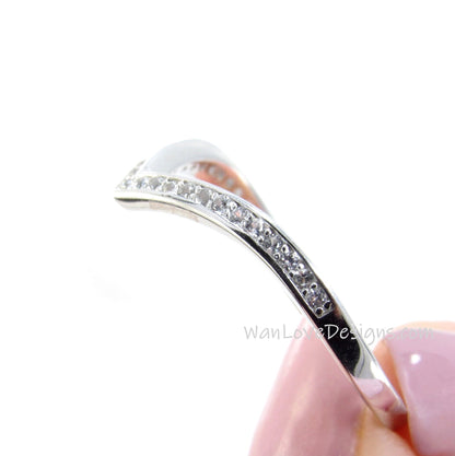 Ready to ship chevron ring, Half eternity white sapphire wedding band, V shaped channel set ring