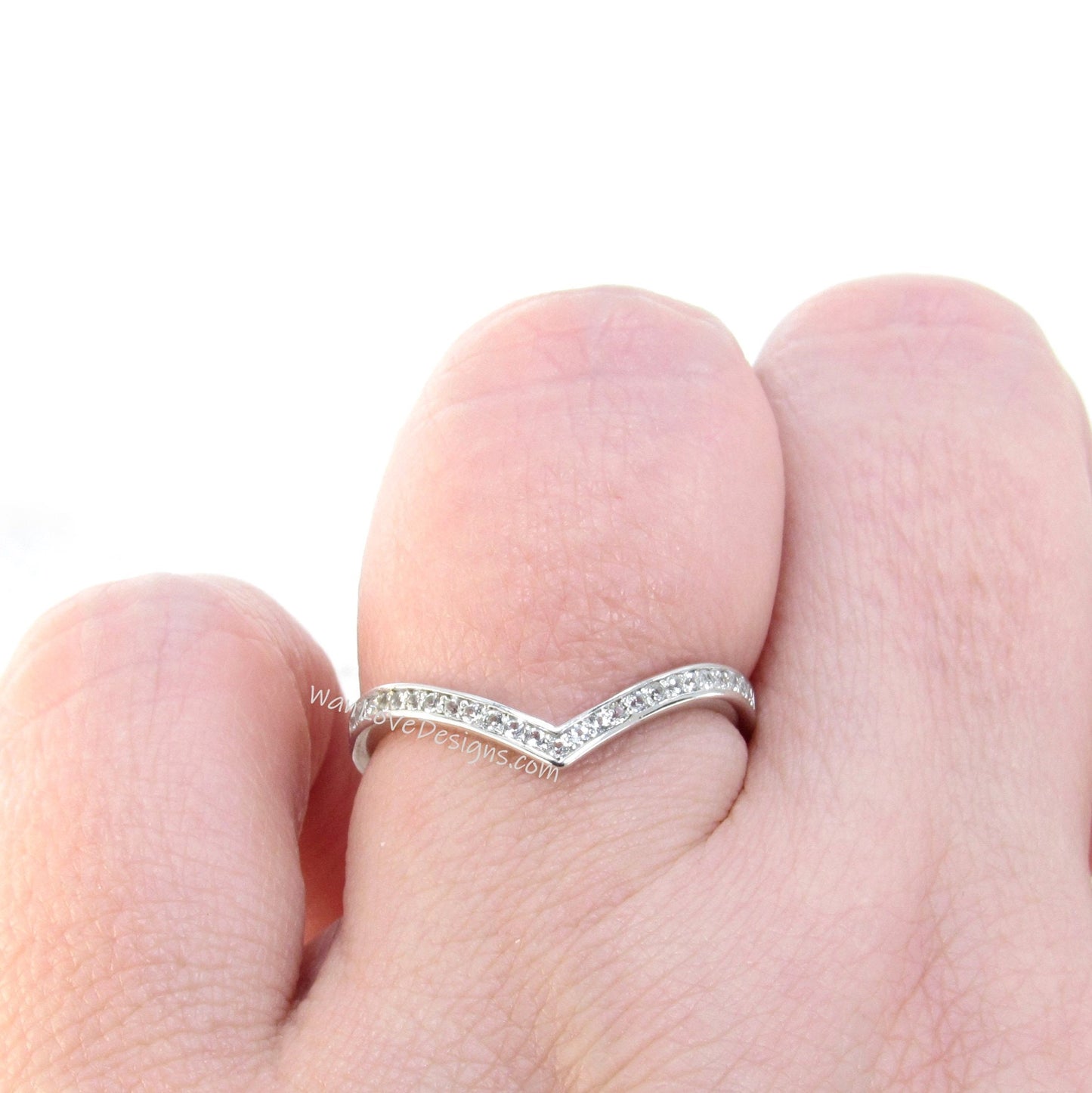 Ready to ship chevron ring, Half eternity white sapphire wedding band, V shaped channel set ring