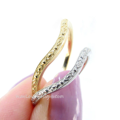 Art deco wedding band gold vintage band half eternity band Custom Engraved milgrain bridal band matching band Anniversary ring curved band