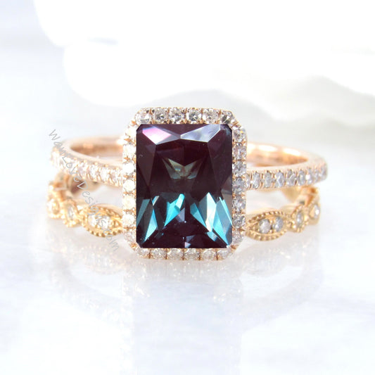 Alexandrite & Diamond Emerald Halo Engagement Ring Set-band Custom-Wedding-Anniversary 14k 18k White Yellow Rose Gold-Platinum