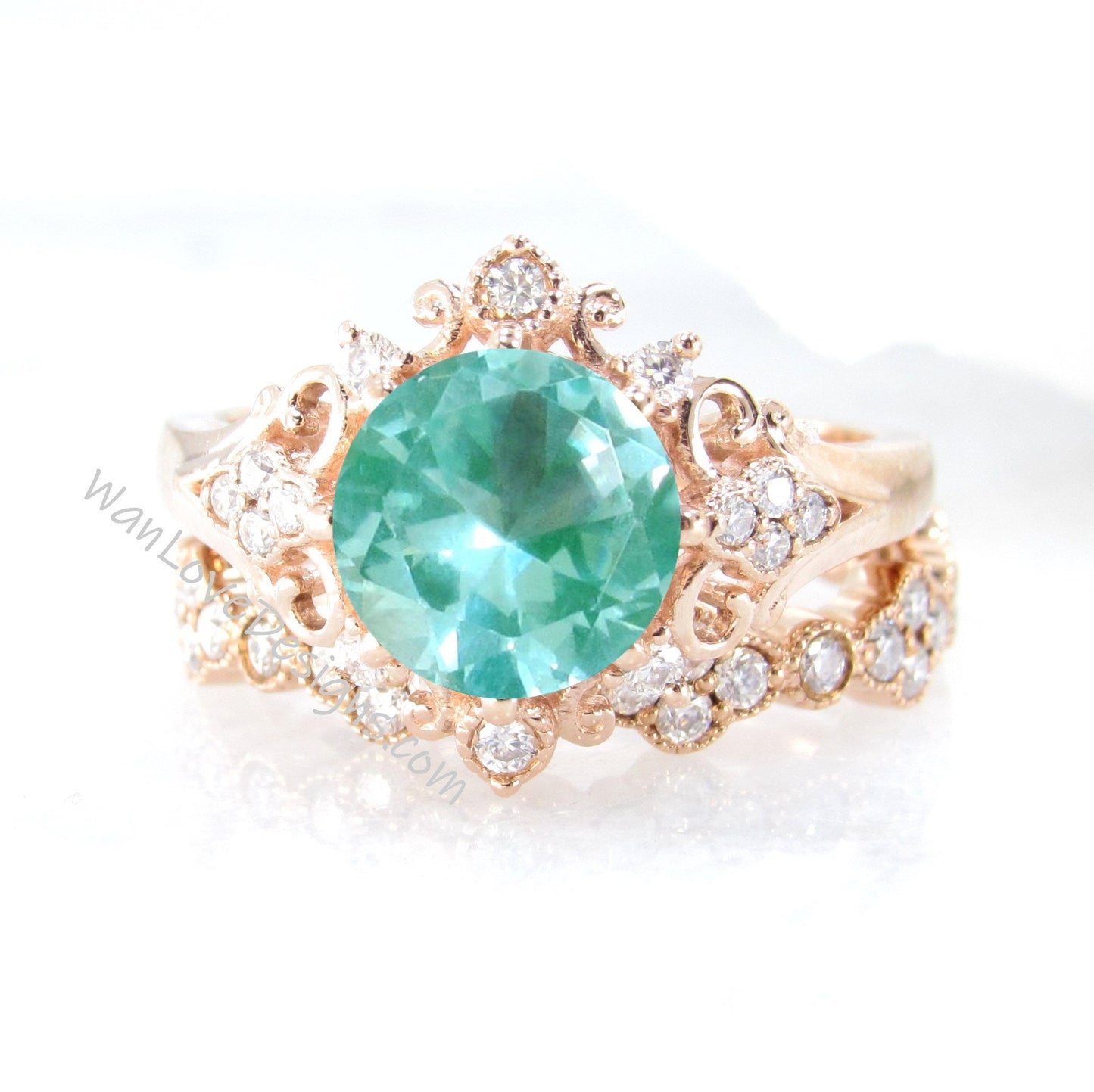 Teal Spinel Ornate Halo Engagement Ring Set, Floral Quatrefoil Wedding Band, Vintage Round Halo, 2ct-8mm-Custom-Wedding-Anniversary Gift