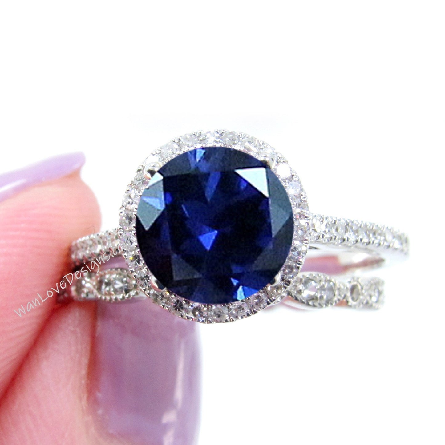 Round cut Blue Sapphire engagement ring set vintage white gold Halo engagement ring half eternity leaf Diamond wedding Bridal Promise gift