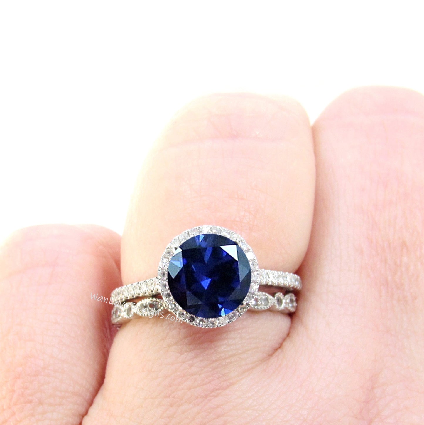 Round cut Blue Sapphire engagement ring set vintage white gold Halo engagement ring half eternity leaf Diamond wedding Bridal Promise gift