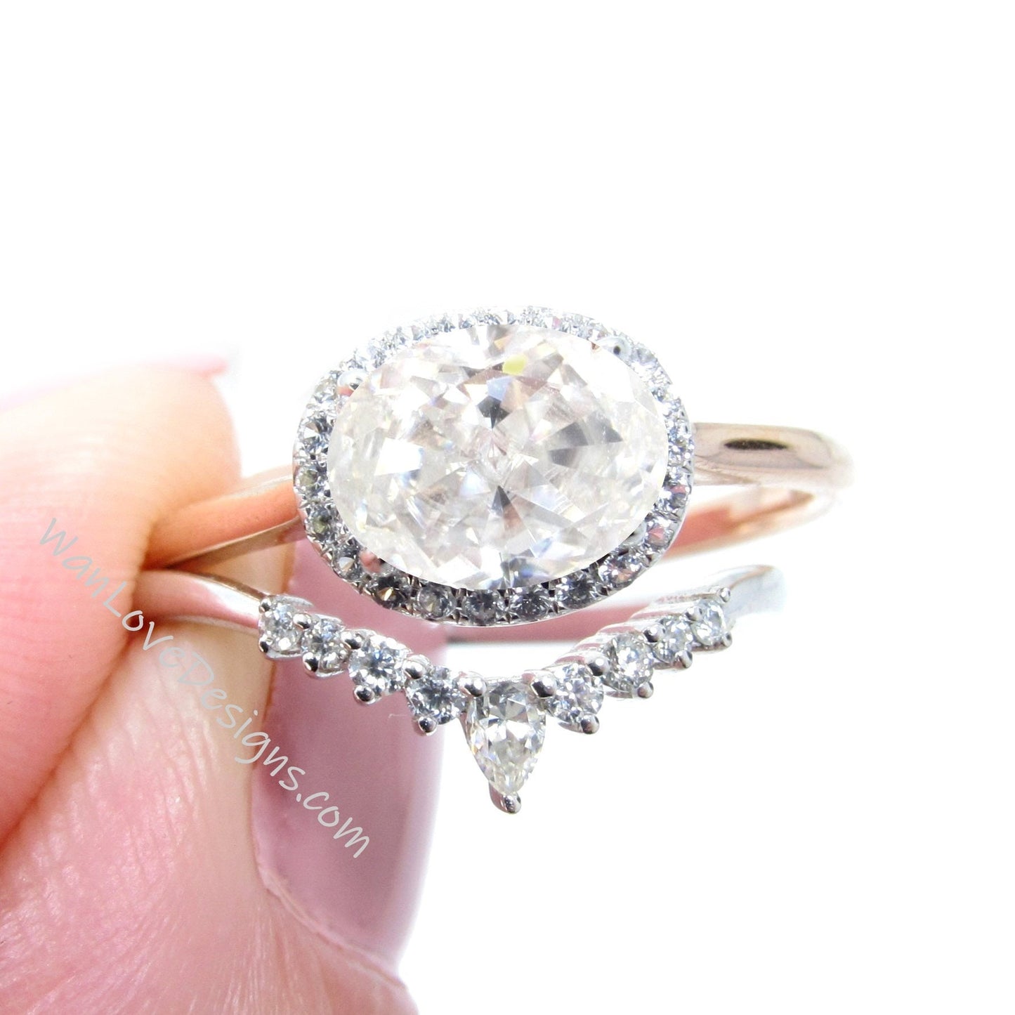 2PCS Oval shaped Moissanite East West engagement ring set vintage gold Pear cut Unique Diamond cluster engagement ring women Bridal gift