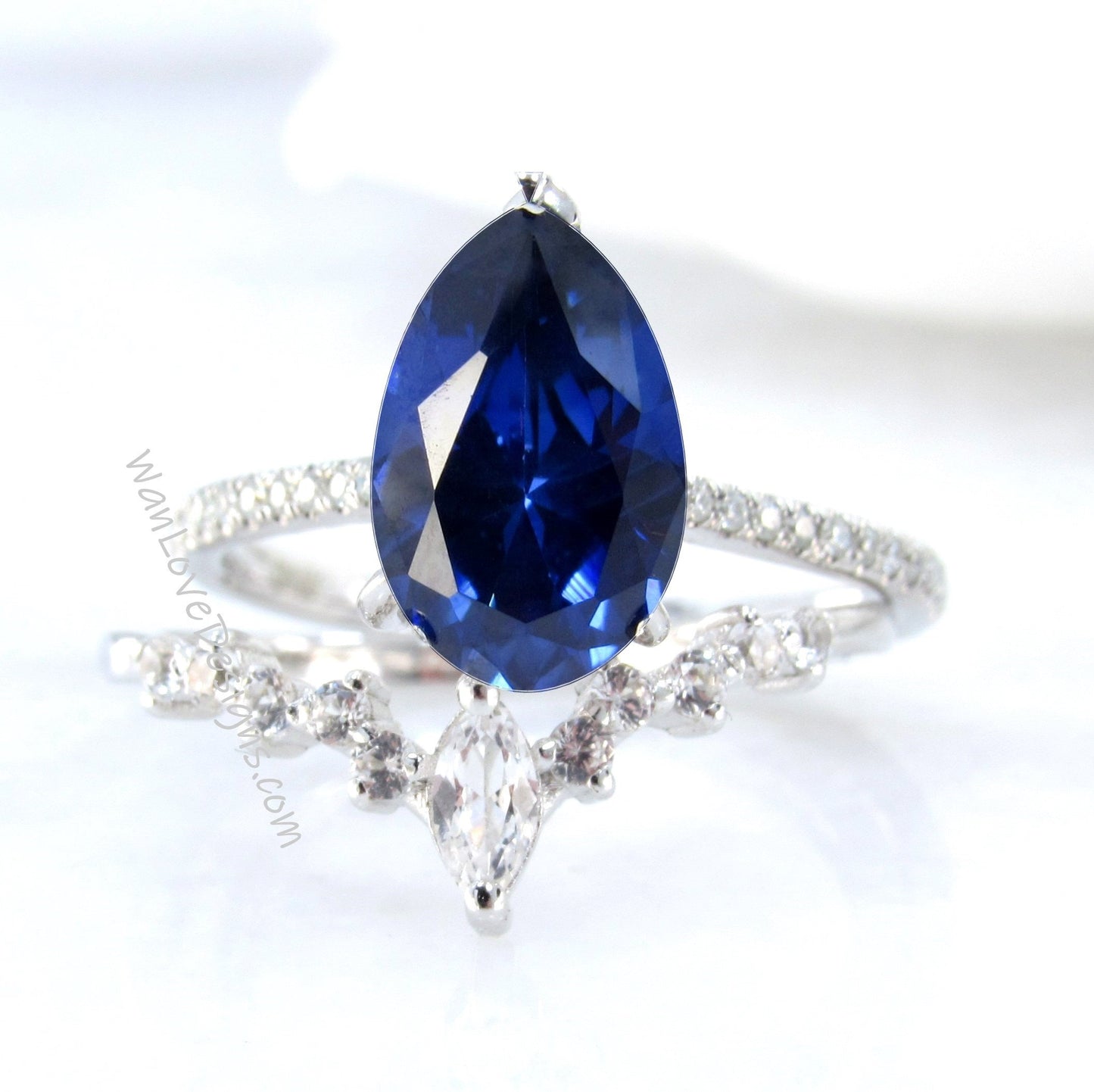 2PCS Blue Sapphire engagement ring white gold Pear shaped Unique Cluster vintage ring vintage Marquise curved wedding band Promise gift