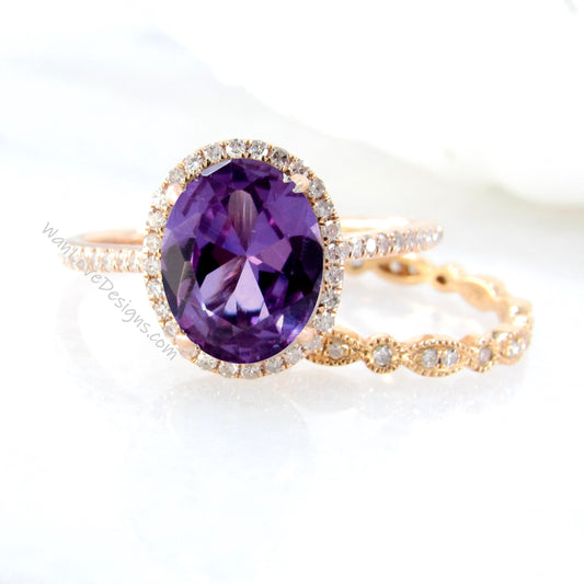 Oval shaped Purple Sapphire Alexandrite Diamond engagement ring set rose gold Halo Unique ring women vintage Half eternity leaf wedding band