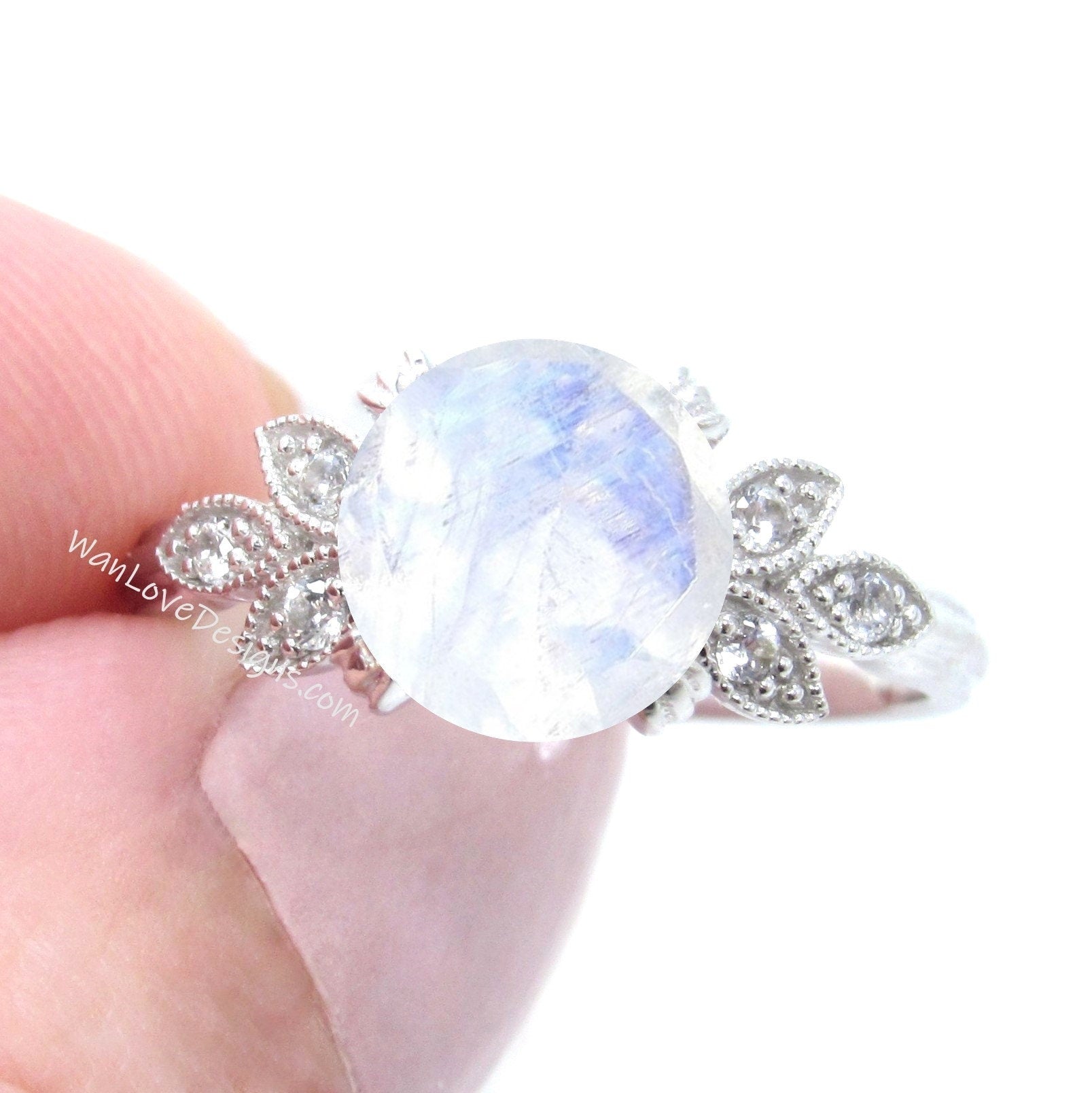 Moonstone Diamond Milgrain Leaf Engagement Ring, Nature Antique Vintage style Round,Custom Wedding, 14kt 18kt Gold, Platinum, WanLoveDesigns