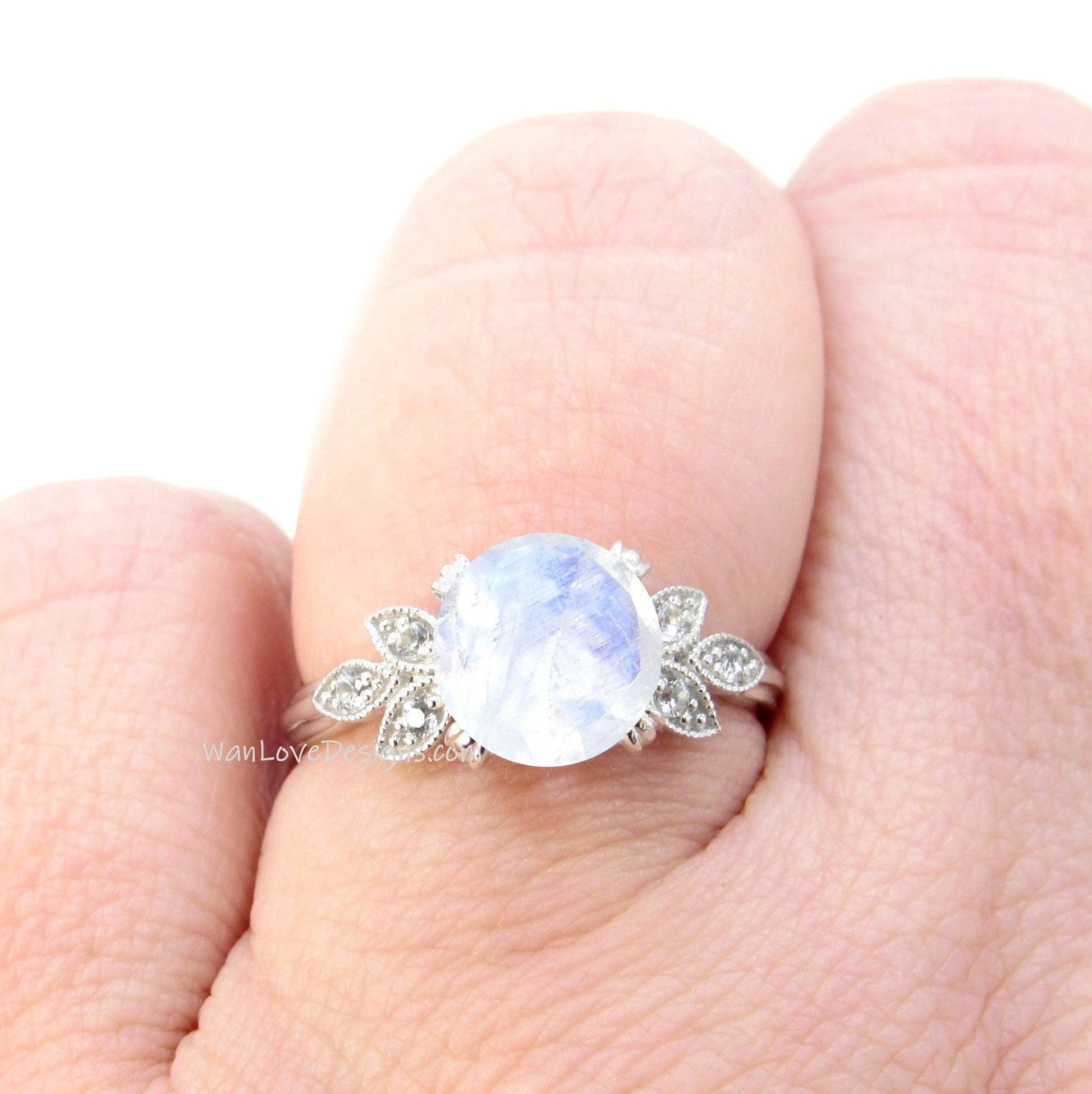 Moonstone Diamond Milgrain Leaf Engagement Ring, Nature Antique Vintage style Round,Custom Wedding, 14kt 18kt Gold, Platinum, WanLoveDesigns