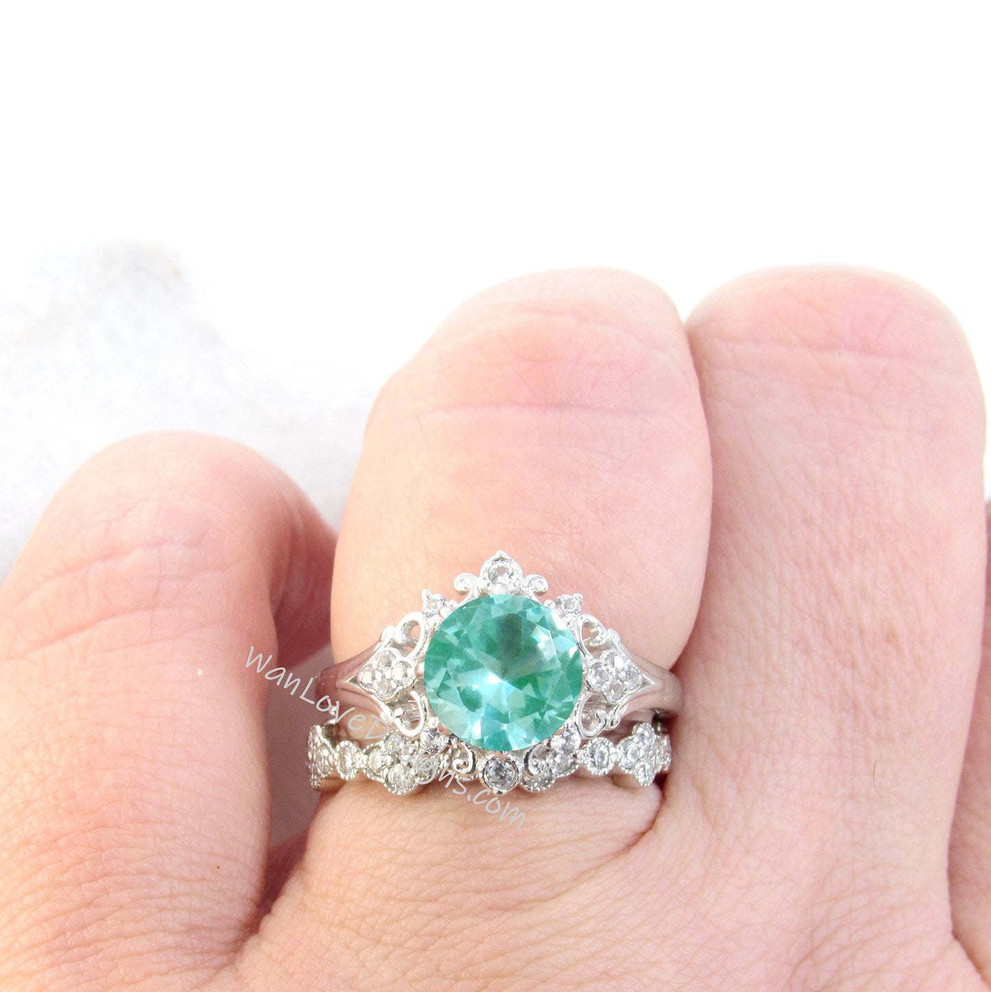 Teal Spinel Ornate Halo Engagement Ring Set, Floral Quatrefoil Wedding Band, Vintage Round Halo, 2ct-8mm-Custom-Wedding-Anniversary Gift