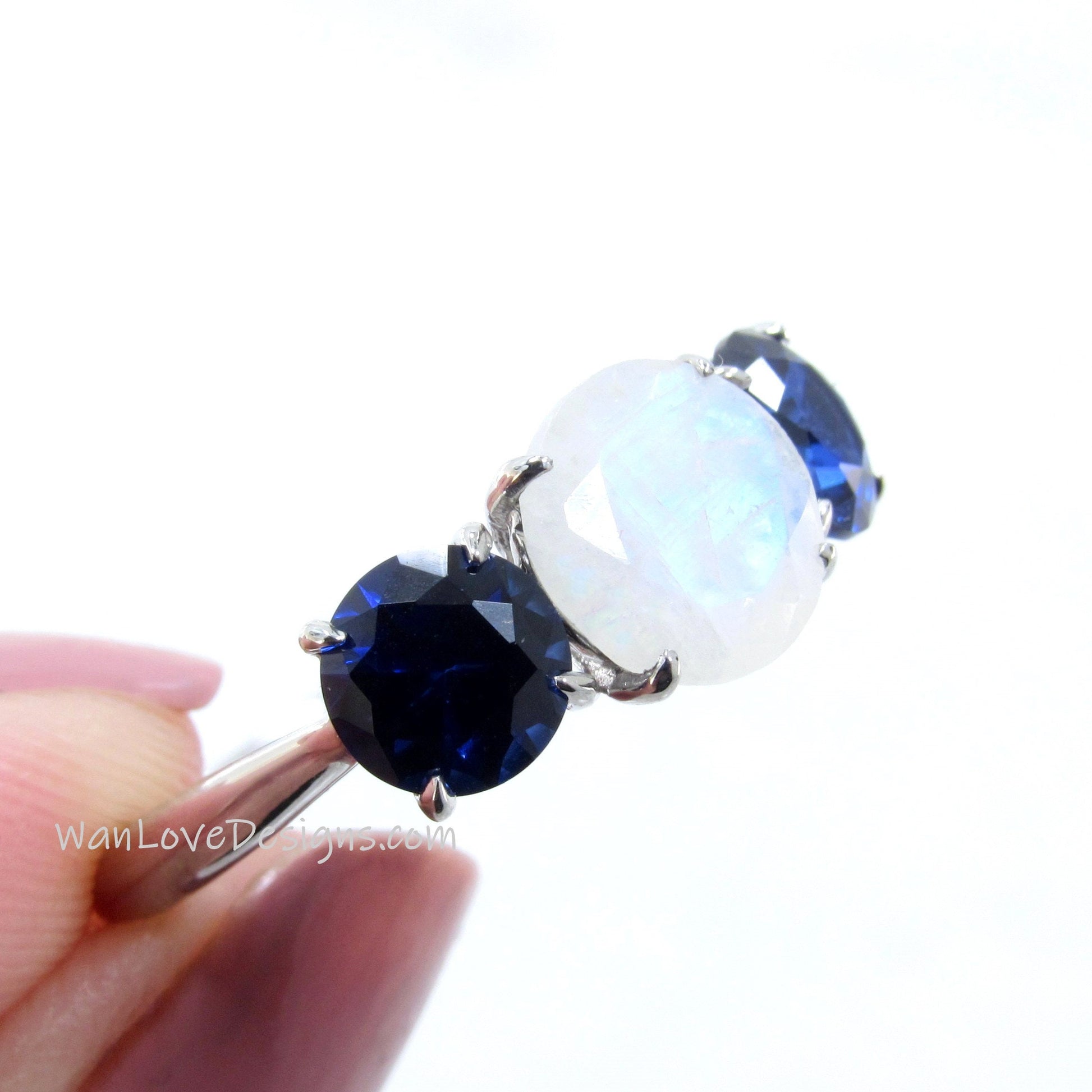 Moonstone engagement ring white gold Blue Sapphire ring vintage moon stone three stones ring wedding Bridal prong ring promise Anniversary