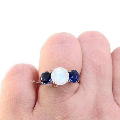 Moonstone engagement ring white gold Blue Sapphire ring vintage moon stone three stones ring wedding Bridal prong ring promise Anniversary