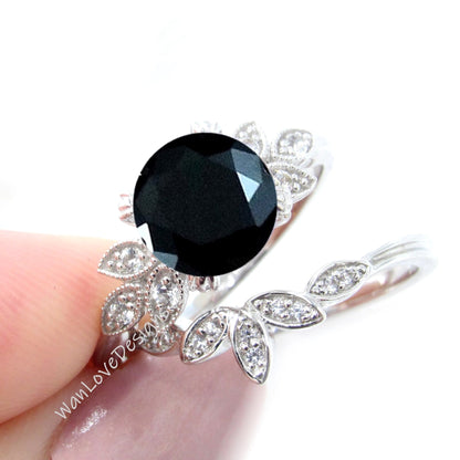 Black Spinel engagement ring set white gold Unique Round cut Cluster Diamond milgrain leaf women vintage wedding band Anniversary set